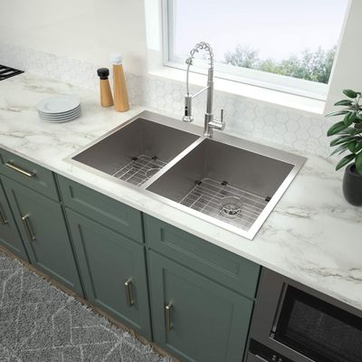Cabinet 16 Gauge Stainless Steel Apron Kitchen Sink With Two Bowls 33x22